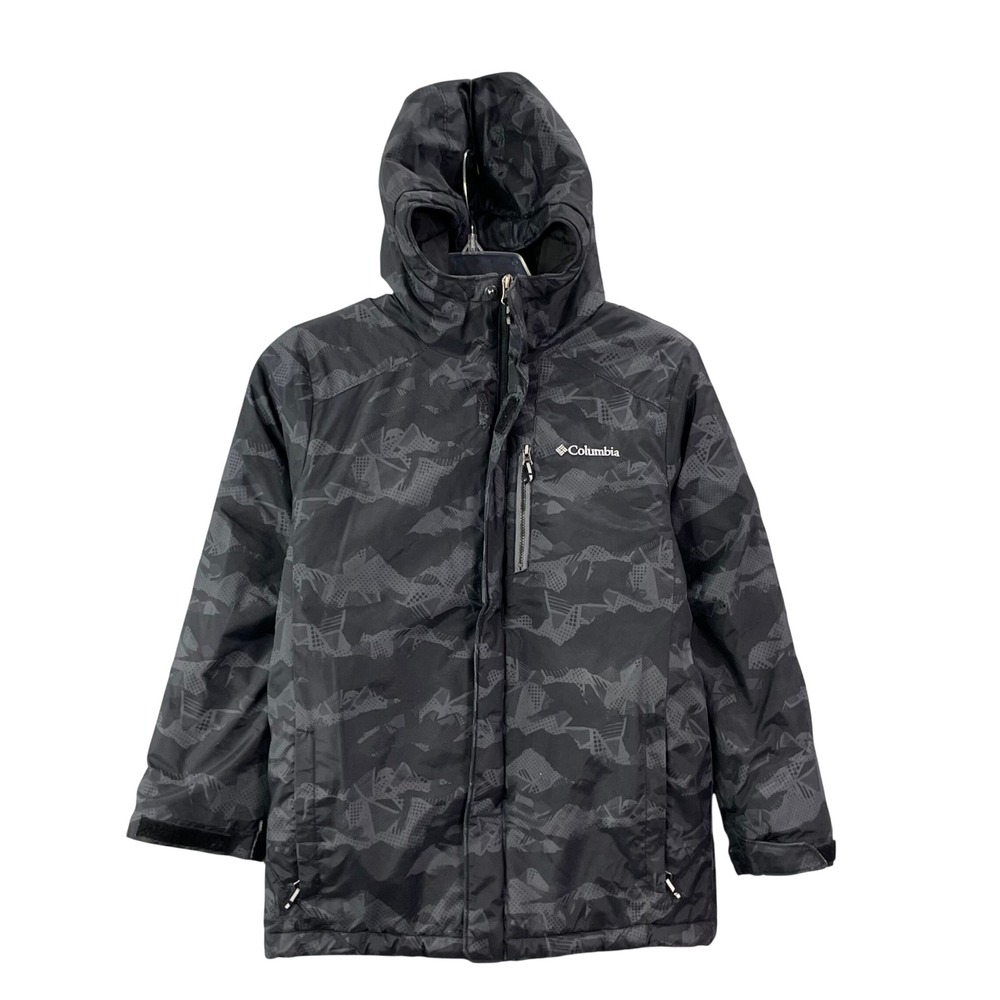Columbia Hooded Jacket Kids M 10/12 Black Grey‎ Camo Insulated Winter Coat Ski